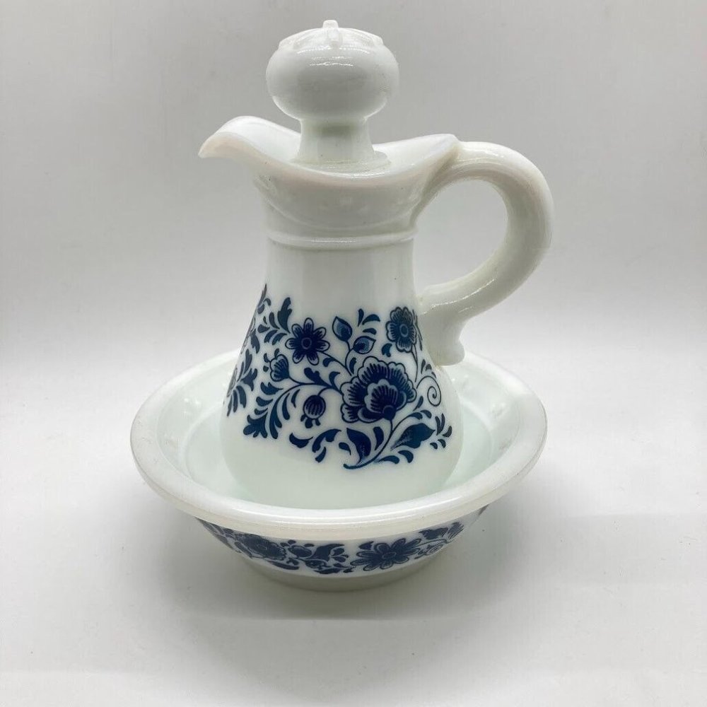 Avon Delft Blue Milk Glass 6" Bath Oil Pitcher Bowl Skin So Soft Vintage 70s